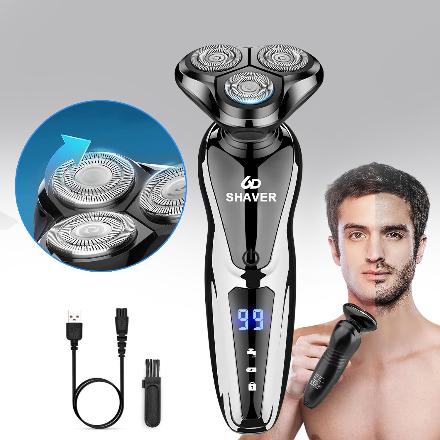 Wet/Dry Electric Razor Men USB Rechargeable Rotary Shaver Beard Trimmer Shaving