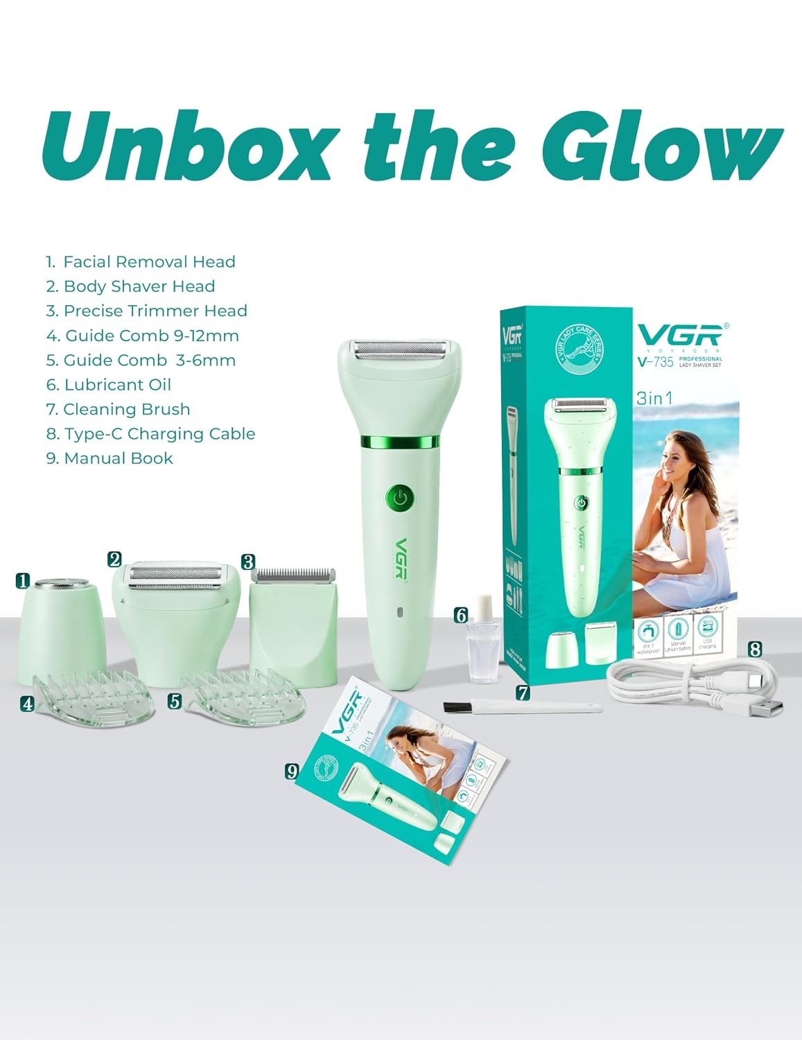 VGR V-735 3-in-1 Lady Shaver Waterproof USB-C Rechargeable Trimmer Green