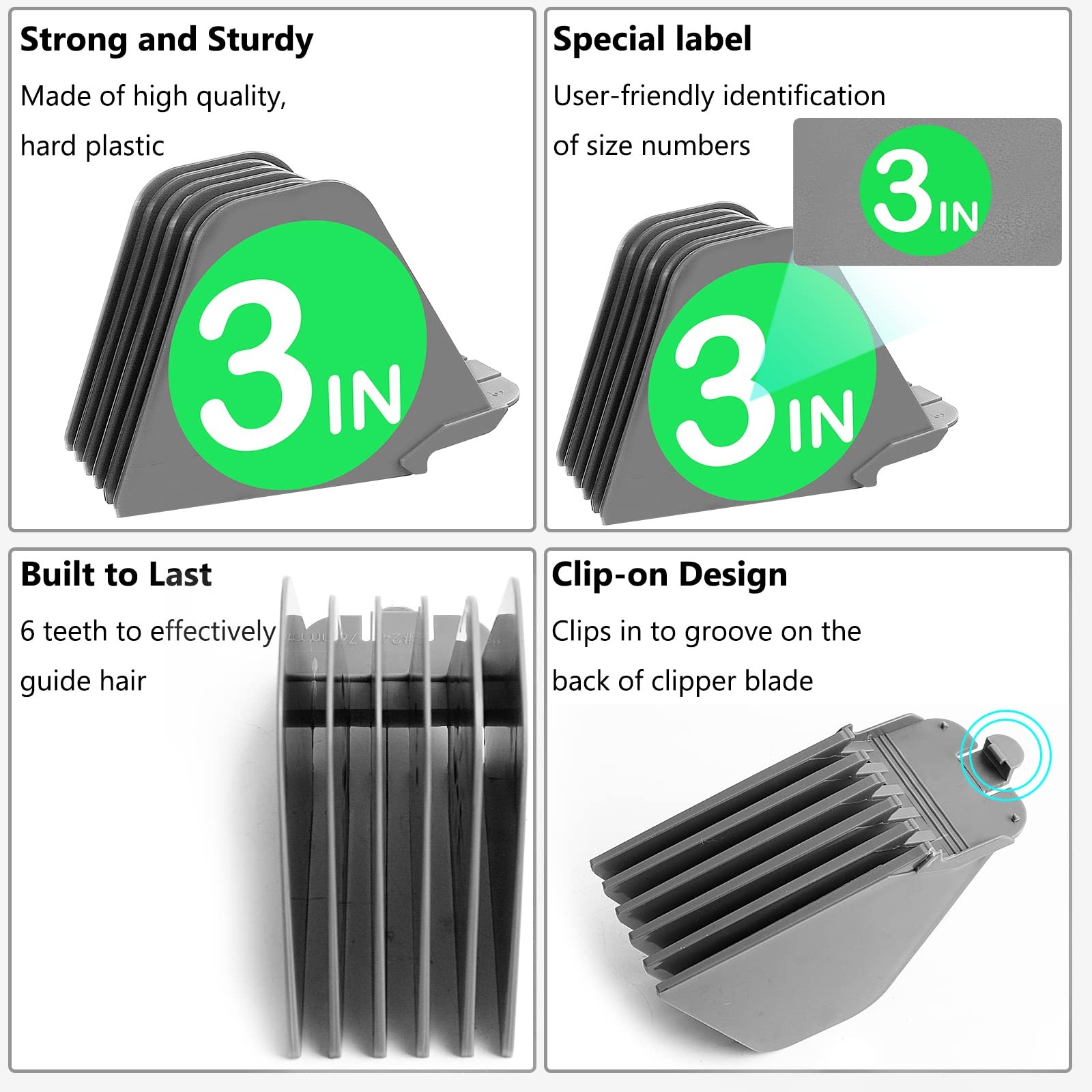 3 Inch Hair Clipper Combs Guides, Guards 1 & 8pcs Mega Set, Gray