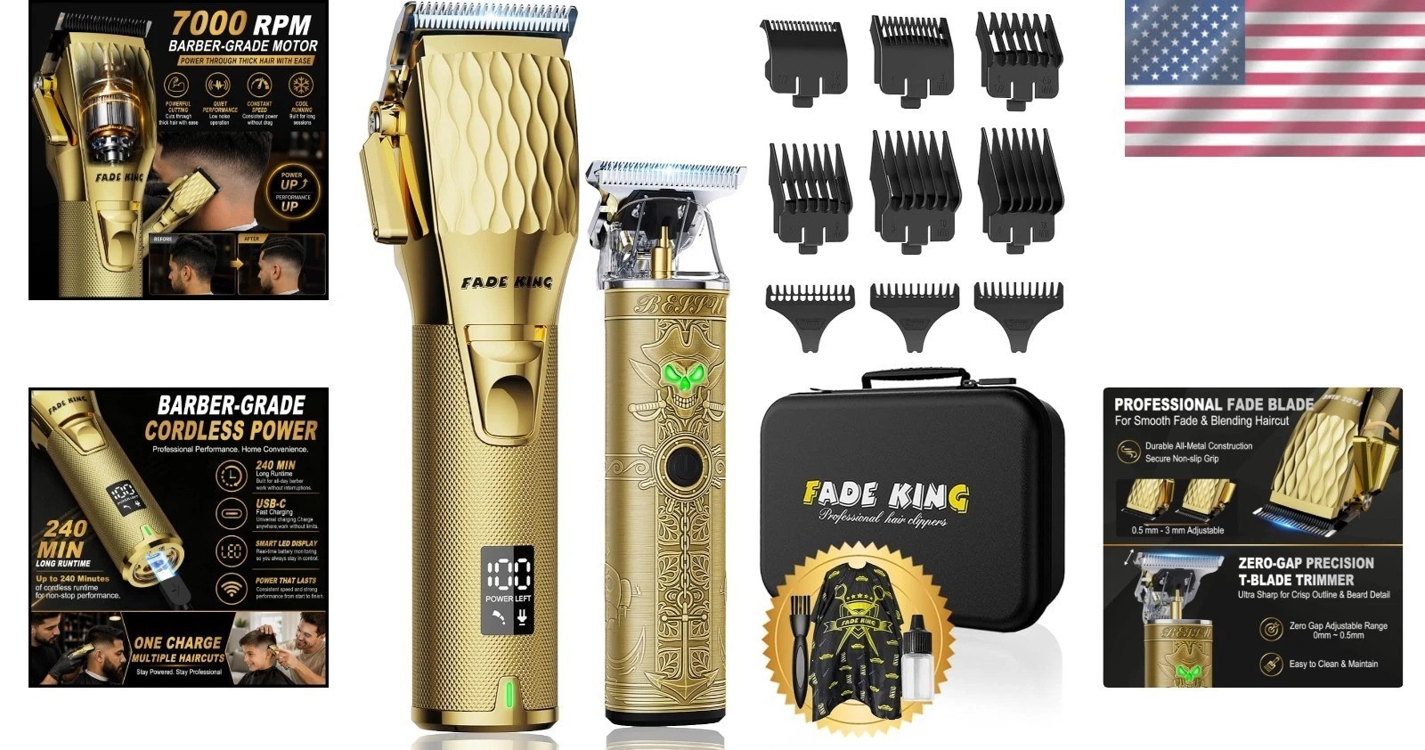 Professional Hair Clippers Men Cordless Barber Trimmer Gold Zinc Alloy
