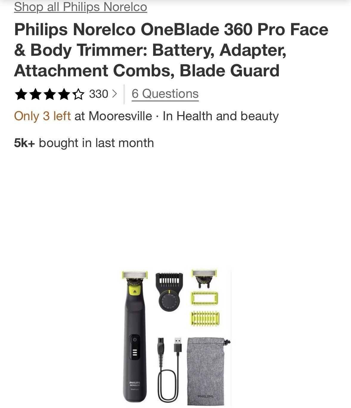 Philips Norelco OneBlade 360 Trimmer Wet/Dry Waterproof Face & Body 2 Heads