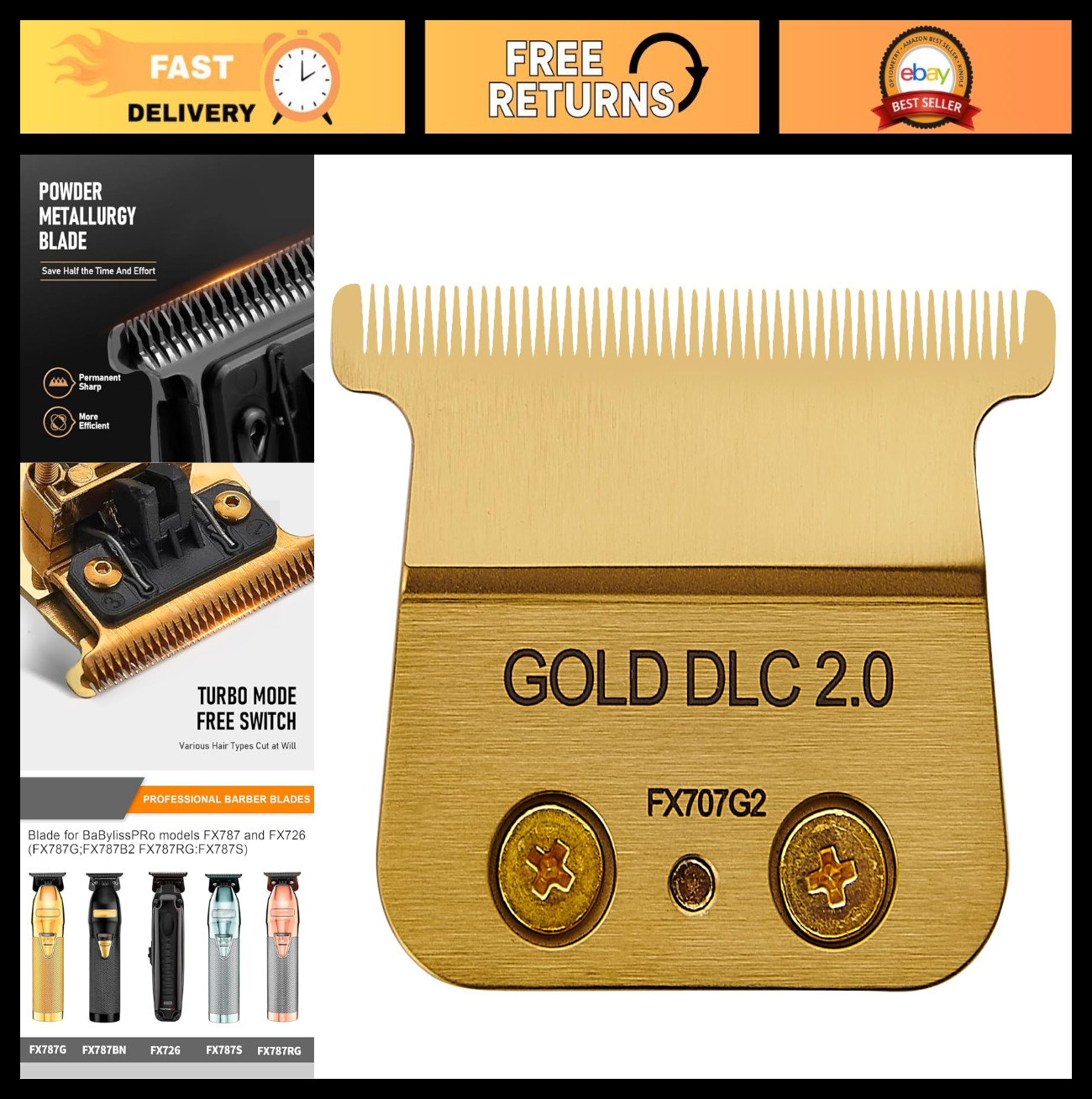 Replacement Trimmer Blades for BaByliss PRO FX787 & FX726 – DLC 2.0 Gold (1PC)
