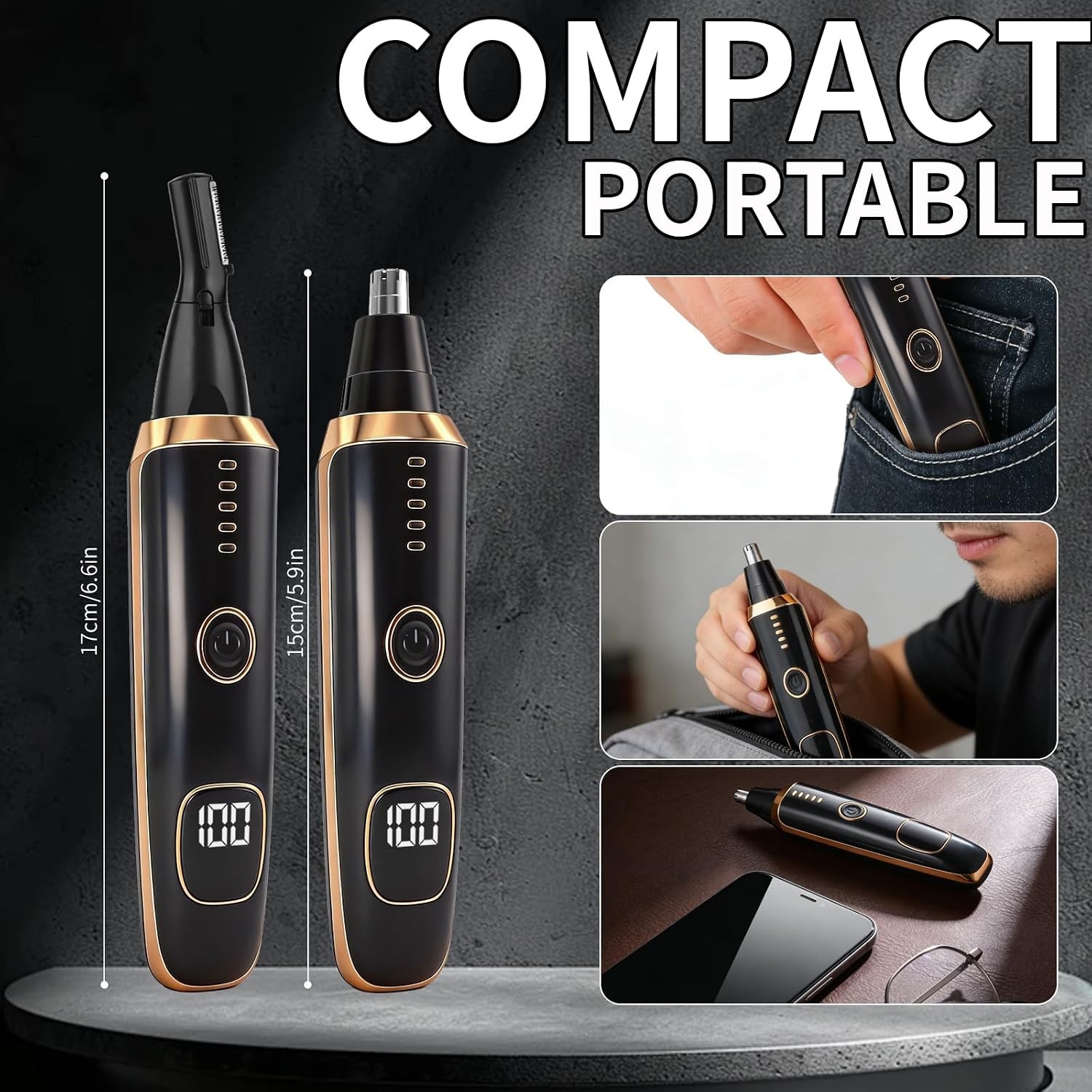 2-in-1 Nose & Ear Hair Trimmer with LED Display USB Rechargeable Waterproof