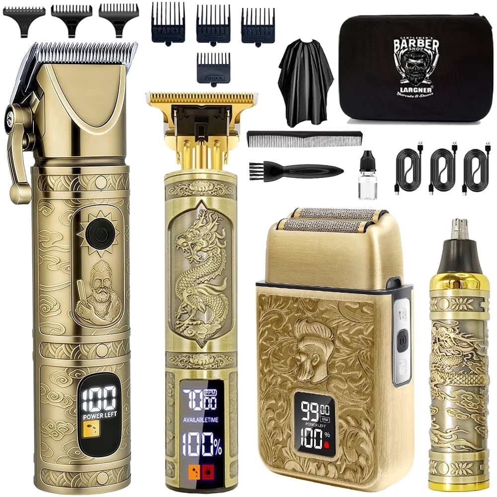 4-In-1 Vintage Metal Grooming Kit for Men, Cordless Hair Clipper, Beard & Nose T