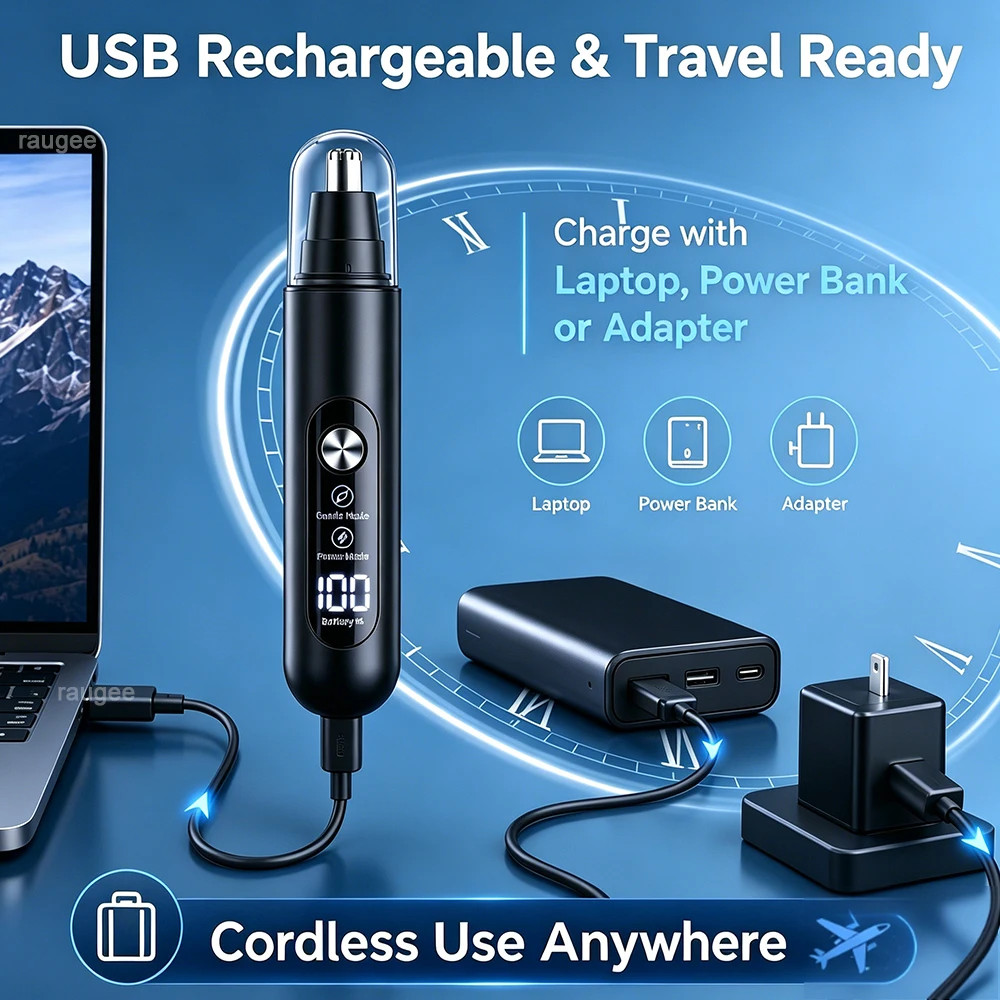 Ear and Nose Hair Trimmer with LED indicator USB Rechargeable Water Resistant