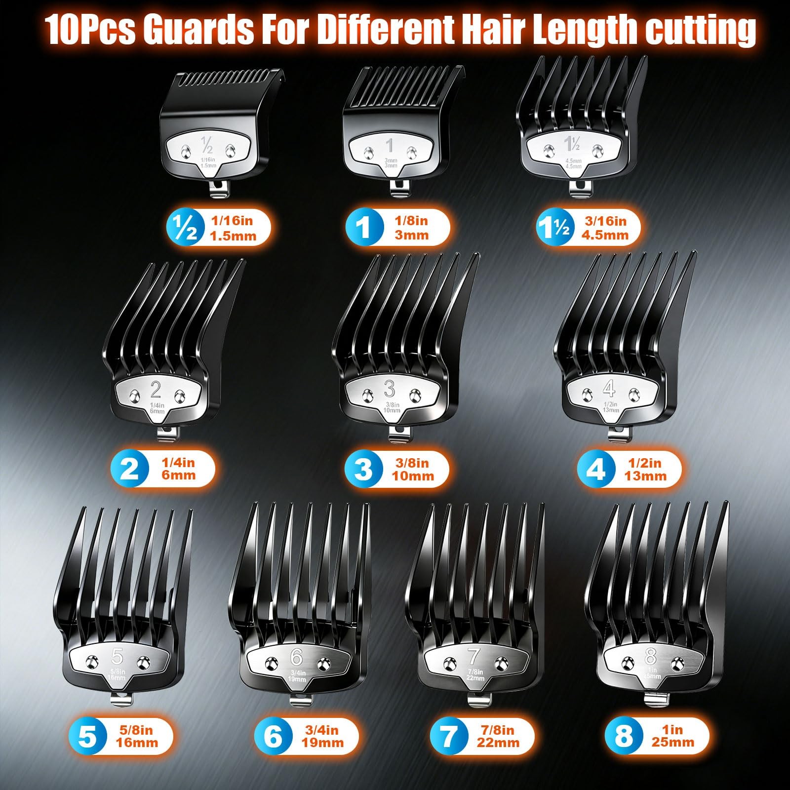 Clipper Guards Set 1/16″ to 1″ 10 Piece Set Black Compatible with Most Wahl
