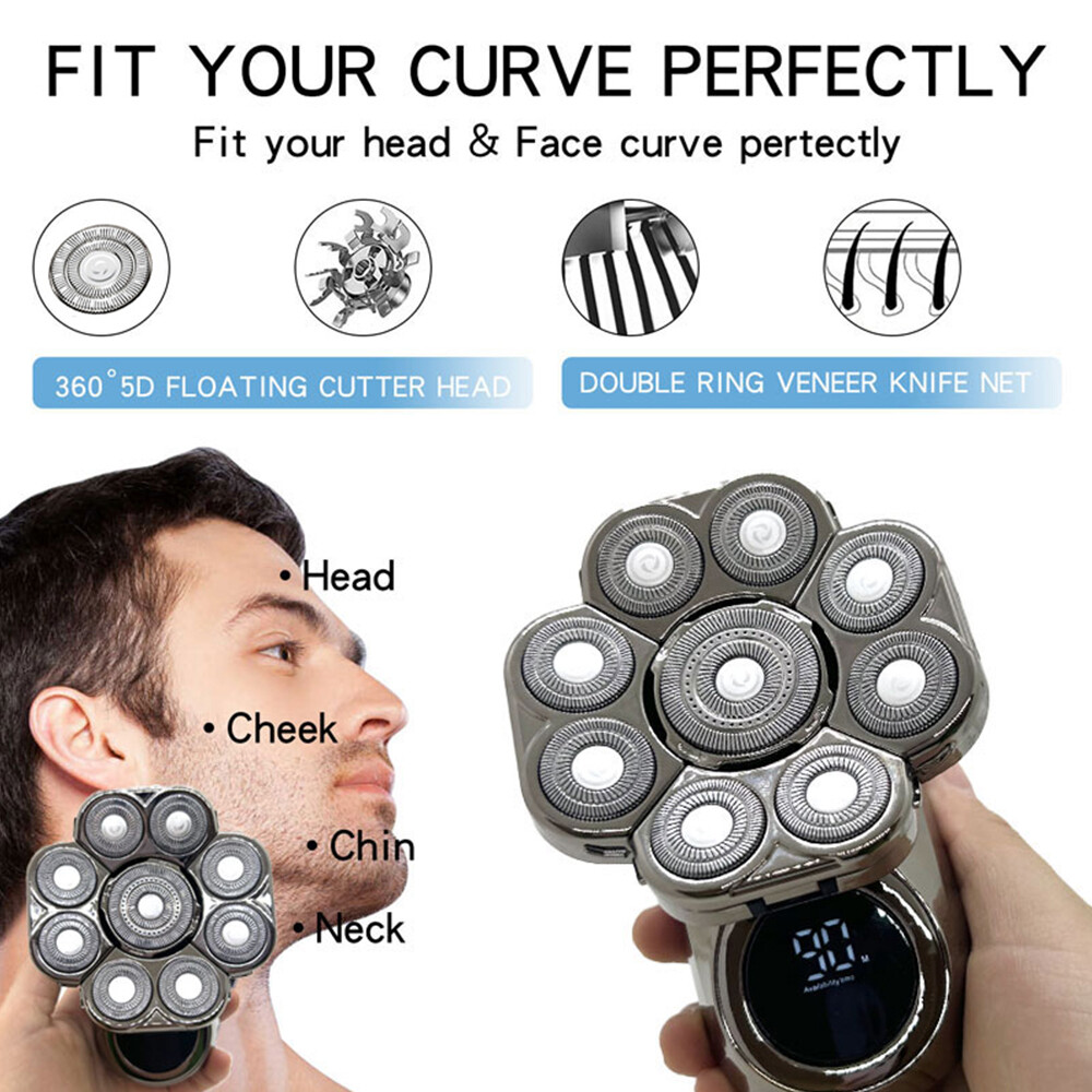 6 in 1 9D Rotary Electric Shaver Bald Head Razor Beard Trimmer Grooming Kit LED