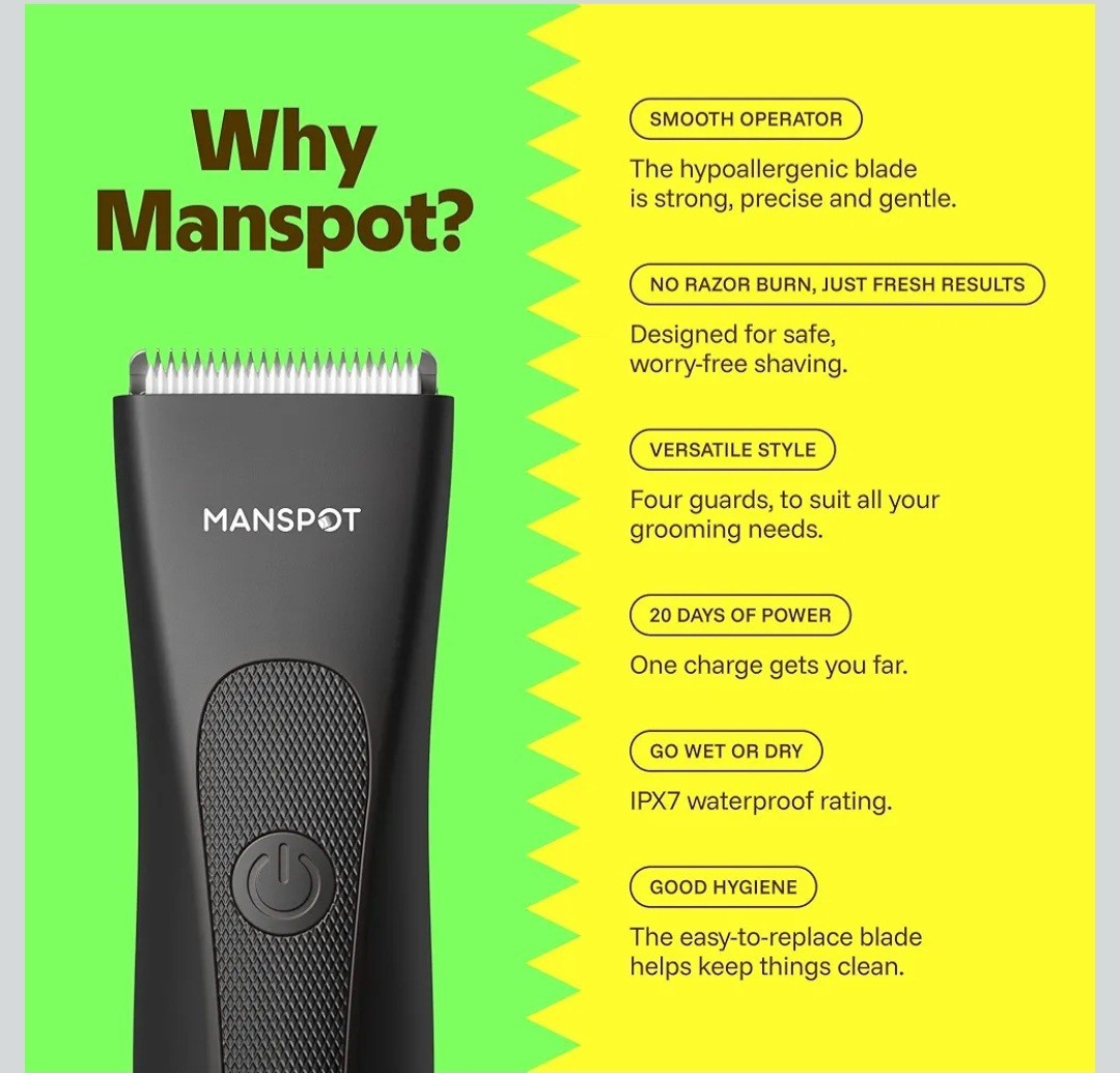 MANSPOT Manscape Groin & Body Hair Trimmer for Men w 4 Guards, IPX7 Waterproof